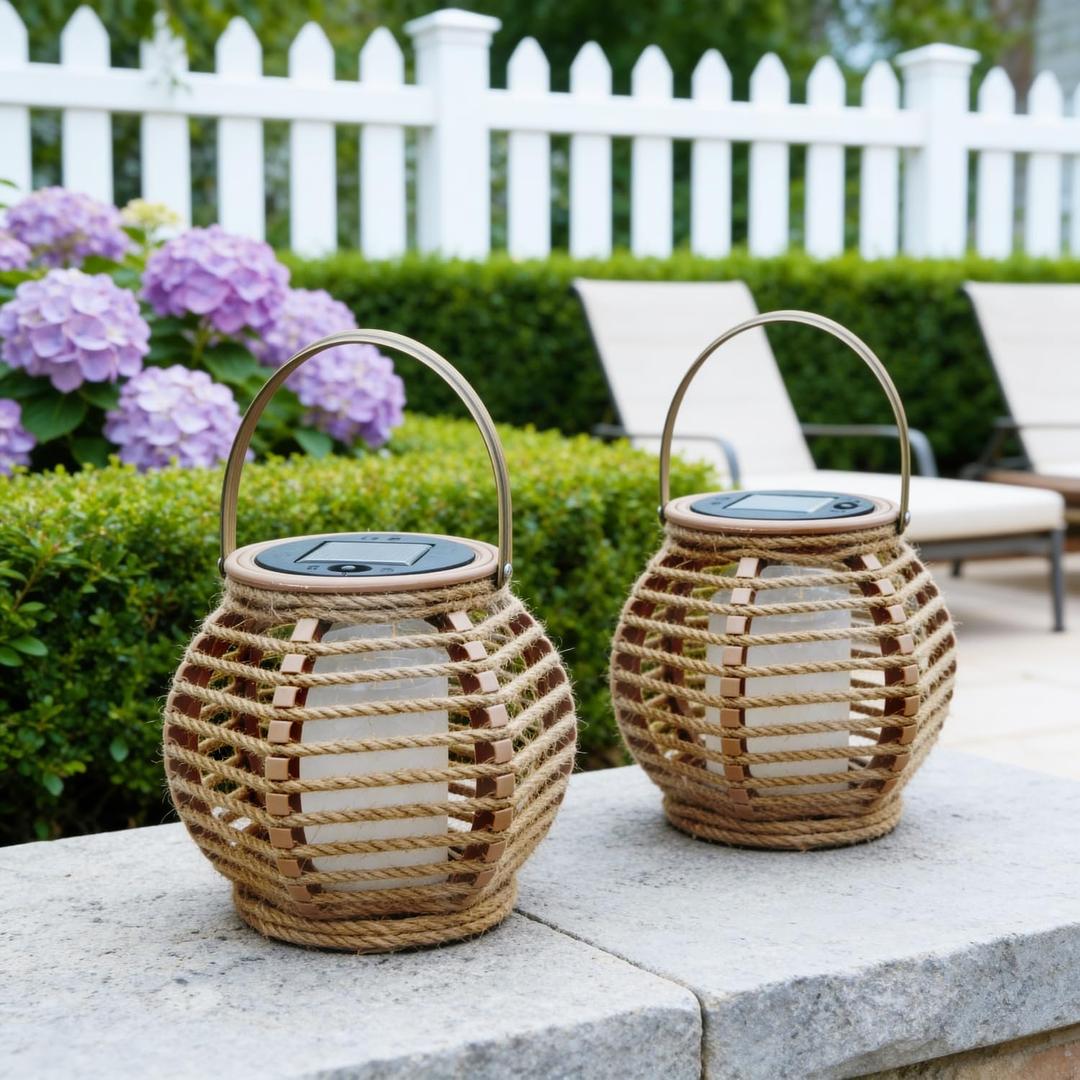 Solar Powered Outdoor Lantern, Rope Woven, 14x15.5 cm, Set of 2