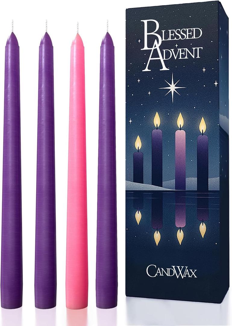 CANDWAX 10 Inch Advent Taper Candles Set of 4 - Long Burning Dripless Unscented Tapers - Perfect for Advent Wreaths, Christmas Dcor - 3 Purple Tapers, 1 Pink Tapered Candle