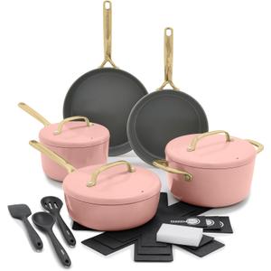 GreenPan GP5 14 Piece Cookware Pots and Pans Set, Hard Anodized Healthy Ceramic Nonstick PFAS-Free, Champagne Handles, Heavy Gauge, Stay-Flat Surface, Induction, Dishwasher and Oven Safe, Dusty Rose