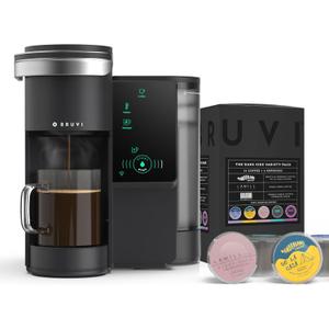 BRUVI Single-Serve Coffee Maker Bundle | Brews Coffee, Espresso, Cold Brew, Matcha Green Tea & More | Includes Brewer + 20 Dark Roast Pods | Touchscreen, WiFi, 70 oz Tank | Black