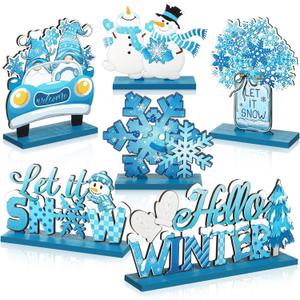 Capoda 6 Pieces Hello Winter Table Decorations Winter Wooden Table Centerpieces Signs Snowflake Snowman Gnome Wonderland Tabletop Decor for Holiday Rustic Farmhouse Centerpieces Theme Party Supplies