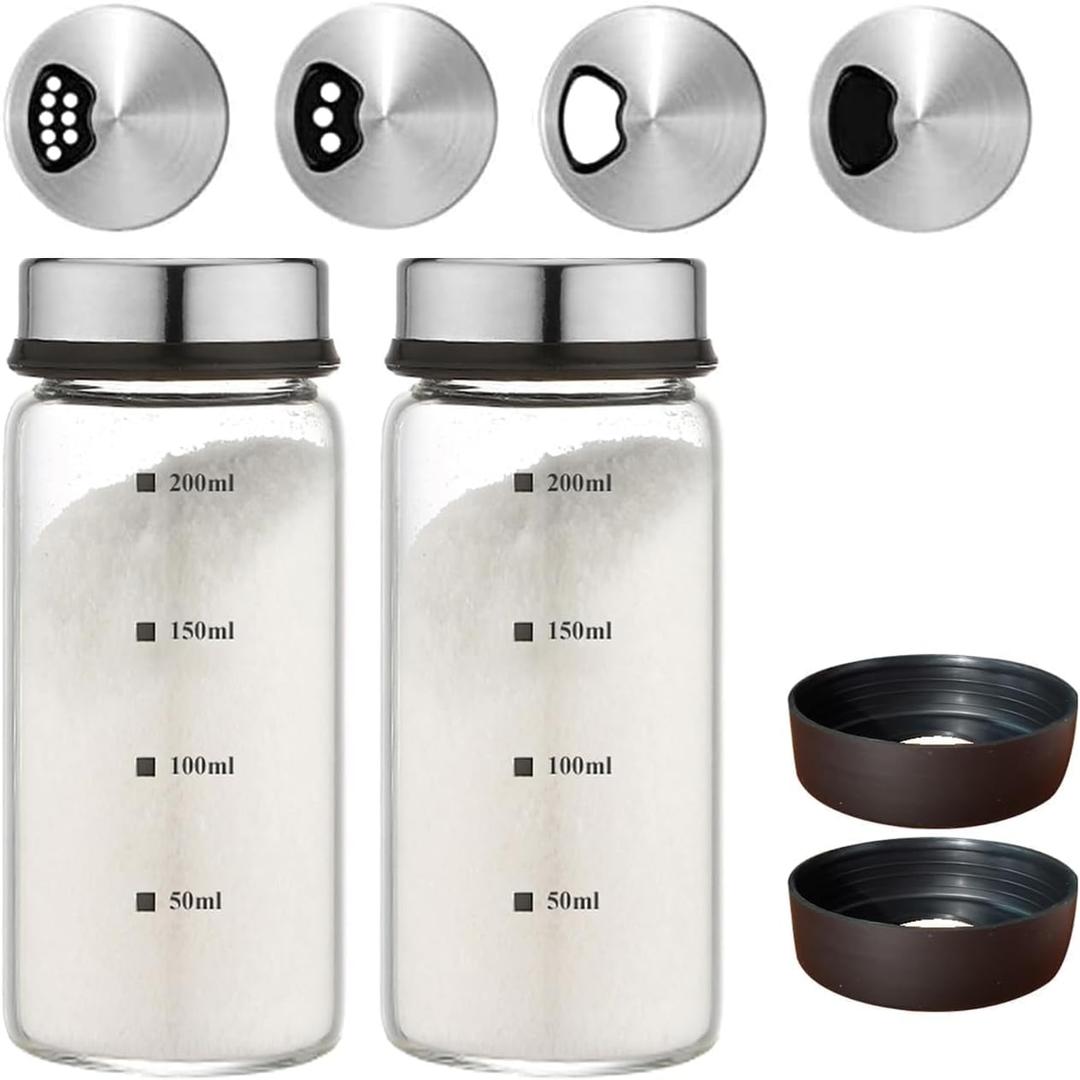 7 oz Salt and Pepper Shaker Set with 304 Stainless Cover Adjustable Outlet Holes Glass Spice Jars Dispenser Seasoning Cans for Kitchen Decor and Home Restaurant BBQ Camping Kitchen Accessories (2Pcs) (2 PCS 200ML(2.36*4.92 IN))