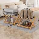 Fully Assembled Luggage Racks Pack of 2, Folding Suitcase Stand with Storage Shelf, Bamboo Luggage Stand with 5 Nylon Straps for Guest Room, Bedroom, Heavy Duty, Natural