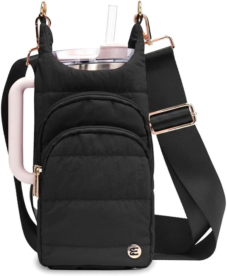 Water Bottle Holder with Strap for 30/32 oz, Crossbody Water Bottle Carrier Bag with RFID Blocking Phone Pocket (Black)