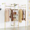 Industrial Pipe Gold Clothing Rack with Shelves, Retail Display Wall Mounted Storage Clothes Hanging Shelf Gold Pipeline Hanging Rod Steampunk Style, 4 Tier Wood Garment Rack 72.8x71inch