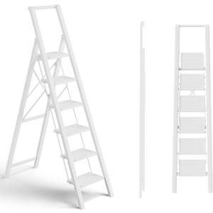 6 Step Ladder, Folding Step Stool with Handgrip and Anti-Slip Wide Pedal, Portable Lightweight Aluminum Stepladder for Kitchen, Home, Library, Office (300 lbs Capacity) - White