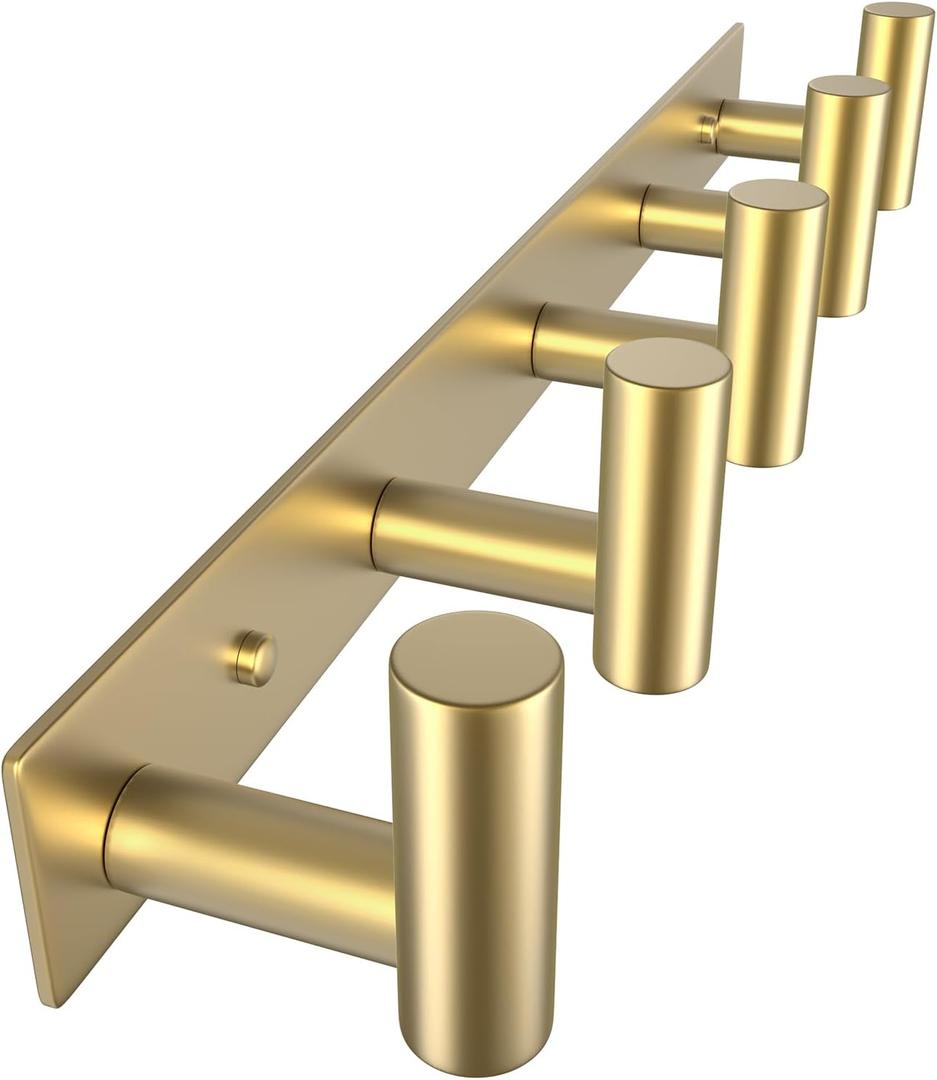 VAEHOLD Hat and Coat Wall Mount Rack - Hooks for Robes, Bags, Keys, and Towels - Bathroom Towel Hanger Organizer (Gold, T Shape 5 Hooks 1 Pack)