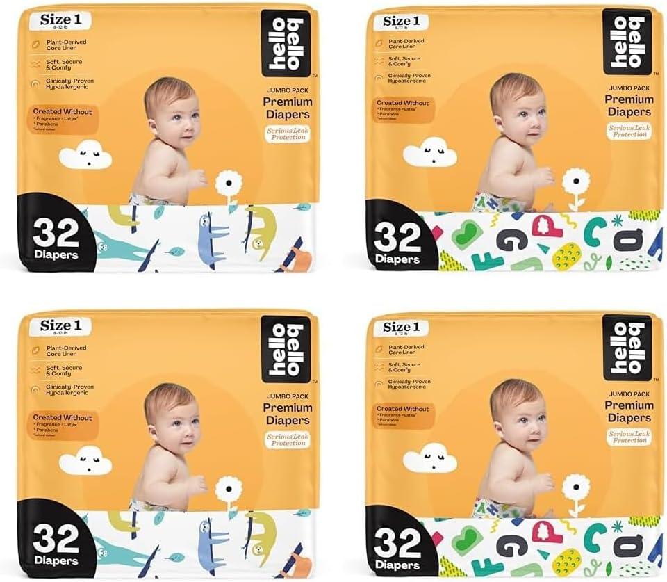 Hello Bello Premium Baby Diapers Size 1, 128 Count of Disposable, Extra-Absorbent, and Hypoallergenic Baby Diapers with Snug and Comfort Fit, Sleepy Sloth (128)