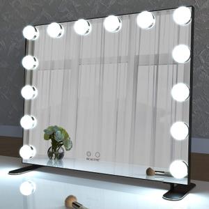 BEAUTME Vanity Mirror with Lights, Lighted Makeup Mirror with 14 Dimmer Bulbs, 2 Color Lighting Mode, Touch Control, Tabletop or Wall Mounted for Bedroom,Dressing Room,Black 23.6" X 20"