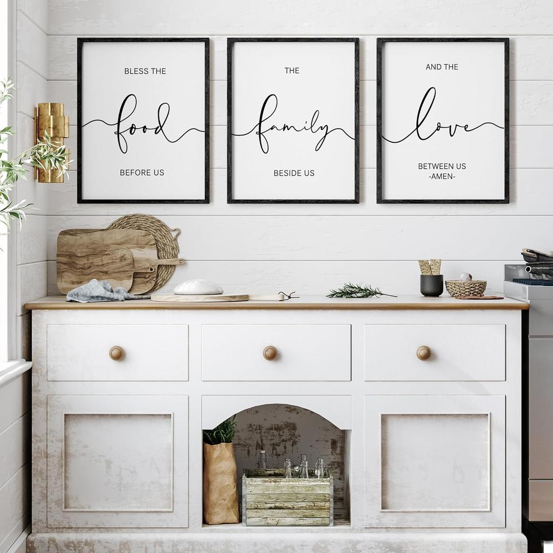 Heiple Set of 3 Framed Farmhouse Bless The Food Before Us Sign Kitchen Wall Decor for Dining Room Decor Wall Art Wood Signs (16"x24") (Black)
