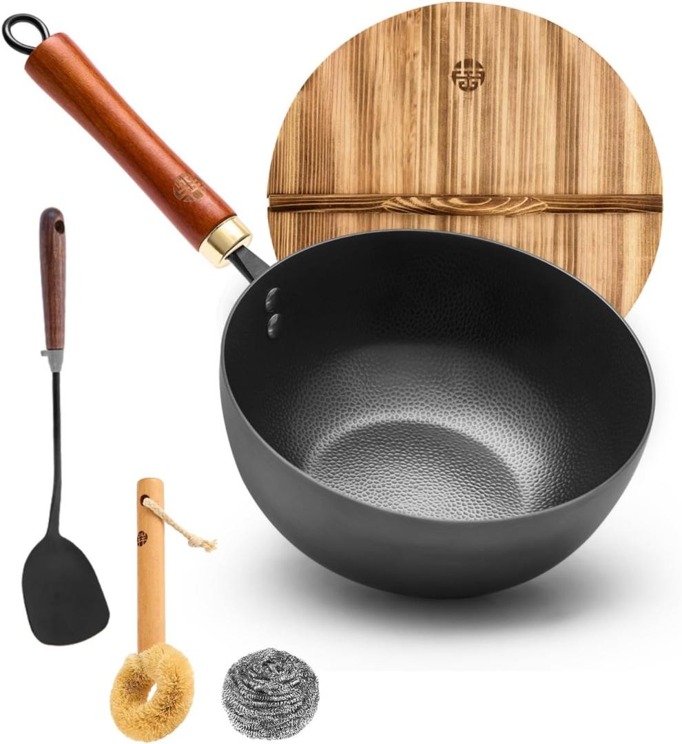 WANGYUANJI Iron Wok 8.7 Inch Deep Frying Skillet with Wooden Lid  Versatile Flat Bottom Stir-Fry Pan, Chemical-Free & Induction Compatible, Ideal Wrought Iron Small Wok for Home, Chef & Pro Use (Black)