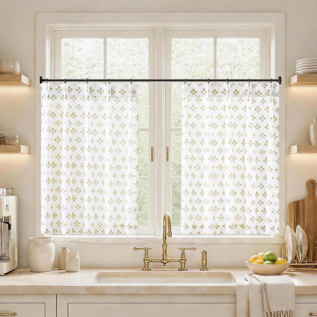 Pinch Pleat Cafe Curtains 36 Inch Length for Kitchen Small Window Farmhouse Pattern Curtains,Beige and Wihte Block Print Vintage Boho Floral Linen Sheer Short Curtain Cortinas para Cocina