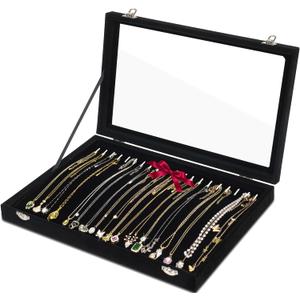 Jenseits Necklace Organizer Box, Tray with Clear Lid, Velvet Dustproof Necklaces Holder Storage Display Case, 20 Hooks Glass Top Jewelry Tray Drawer Insert for Pendant Bracelet (1-Black)