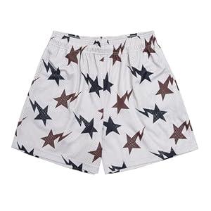 BOOMLEMON Mens Mesh Graphic Print Shorts Casual Workout Cool Shorts Gym Basketball Running Short Pants(Star White Coffee XL)