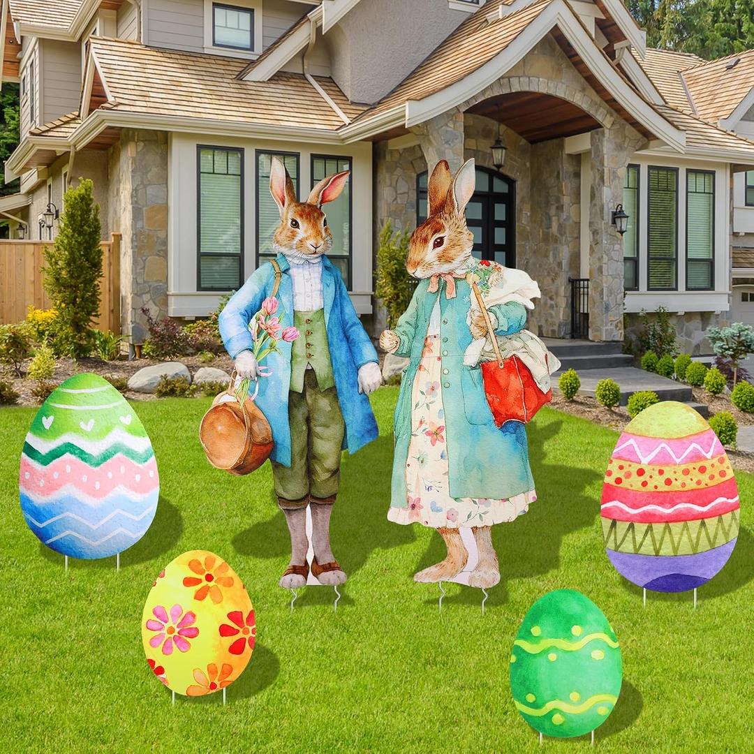 6 Pack Easter Yard Signs Vintage Bunny Couple & Colorful Easter Eggs Corrugated Plastic Lawn Signs Outdoor Spring Decor for Lawn, Patio, Egg Hunt Party