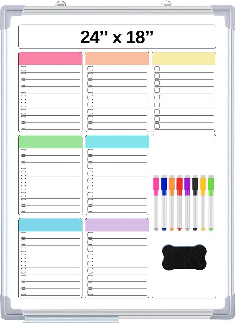Lincia Magnetic to Do List Whiteboard for Wall 24" x 18" Large Weekly Dry Erase Board, Hanging Double-Side White Board Calendar for Planning Drawing Memo Home Kitchen Office(Pleochroic)