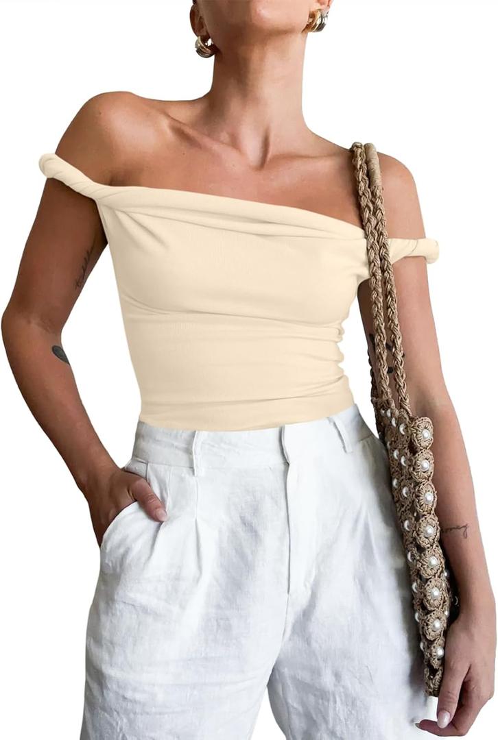 Tankaneo Womens Off The Shoulder Top Sleeveless Slim Fit Stretchy Tank Top Y2k Casual T Shirts (Small)