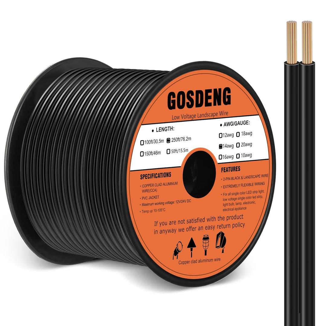  14/2 Low Voltage Landscape Wire 250FT Outdoor Landscape Lighting Cable 14 Gauge 2 Conductors Low Voltage Wire for Landscaping Lights, Copper Clad Aluminum Direct Burial