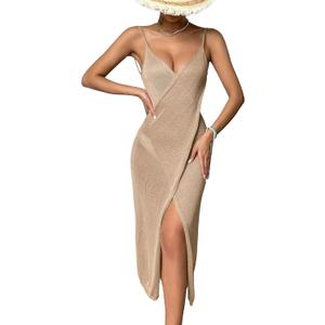 OYOANGLE Women's Wrapped Sleeveless Spaghetti Straps V Neck Backless Cover Up Dresses Khaki M
