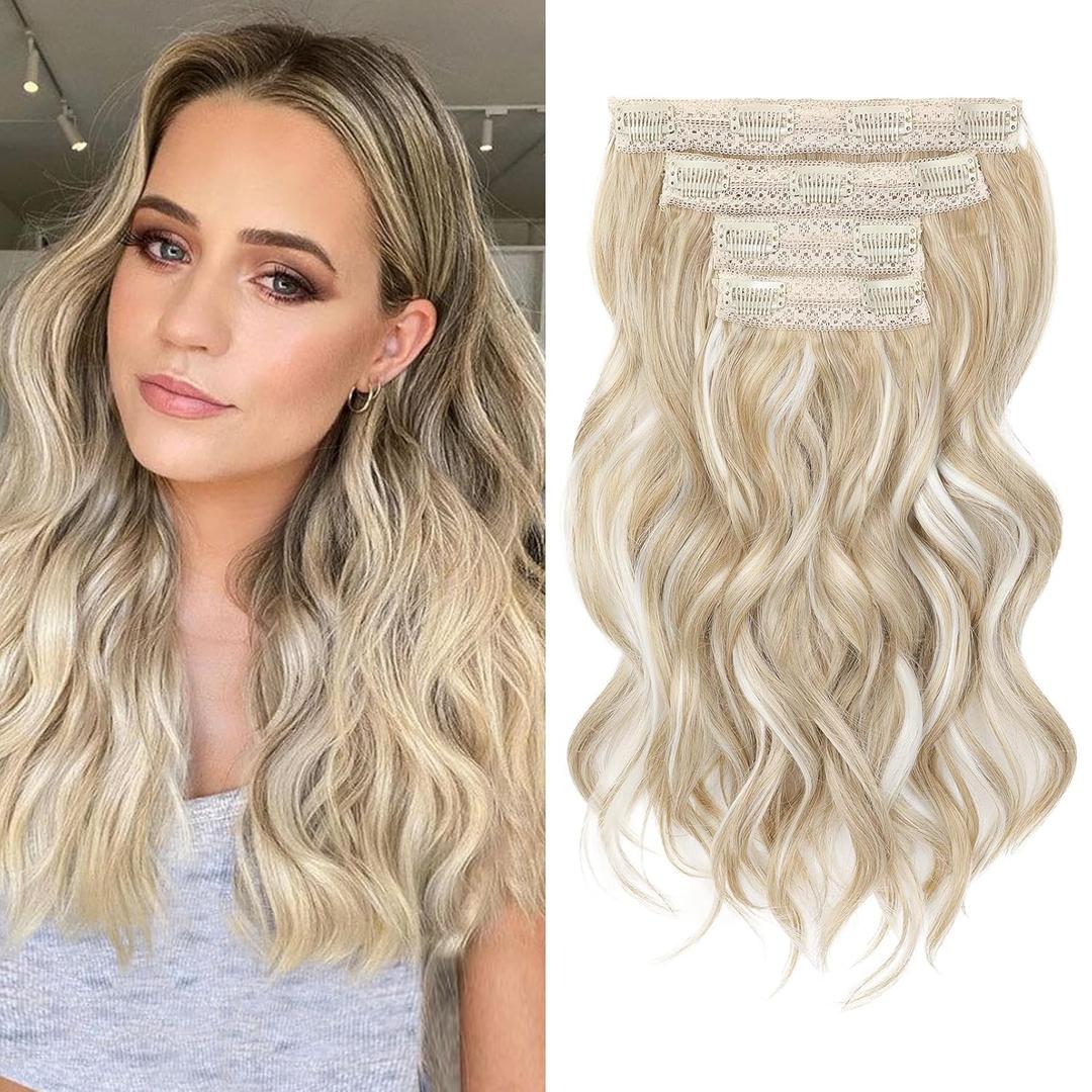 REECHO Hair Extensions - 4PCS 14" Short Beach Wavy Clip-in Hairpieces With Invisible Lace Weft - Natural Soft for Women - Ash Blonde With Highlights