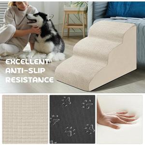 Dog Ramp 3 Steps for Small Dogs and Cats Beige, Pet Stair for Sofa and Bed Non-Slip Foam Dog Steps with Removable Washable Cover, Send Lint Sticky Roller Set