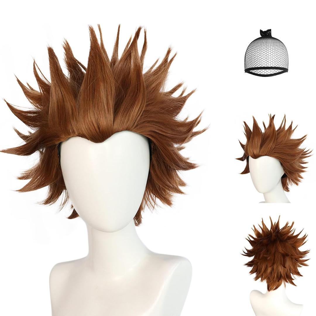 JoneTing Brown Spiky Wig+Hair Cap Short Brown Spiky Wig with Bangs Mens Short Browny Curly Wigs with Bangs for Cosplay Costume Outfit for Halloween Themed Party