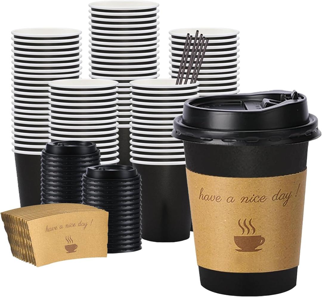 BYSNOW 100 pack 12 oz Thickened Coffee Cups with Lids, Scald Resistant Hot Cups with Sleeve and Straw, To Go Coffee Cups for Home, Office, Cafes and Party (Black 12oz)