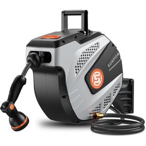 SUNPOW Retractable Garden Hose Reel - 1/2 inch x 115ft Heavy Duty Wall Mounted Hose Reel with 3/4 inch Brass Fitting & 10 Sprayer Nozzle - Any Length Lock, Auto Rewind System, 180Swivel Bracket- Grey