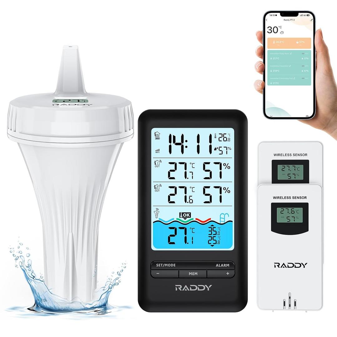 Raddy PT-3 Wi-Fi Pool Thermometer Floating Easy Read with 2 Additional Remote Sensors, APP Remote Monitor, Large Digital Display, Rechargeable, Wireless Hygrometer Thermometer for Indoor Outdoor