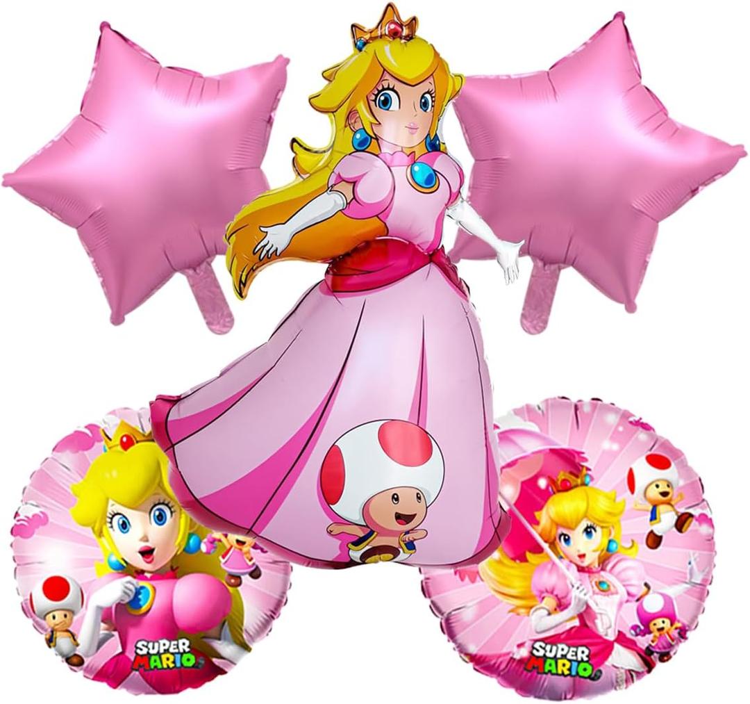 5Pcs Princess Peach Foil Balloons,Mario Theme Birthday Party Decorations Supplies for Girl (C)