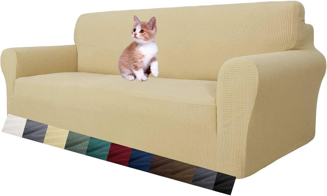 MAXIJIN Super Stretch Couch Cover for 3 Cushion Couch, 1-Piece Universal Sofa Covers Living Room Jacquard Spandex Furniture Protector Dogs Pet Friendly Fitted (Large, Beige)