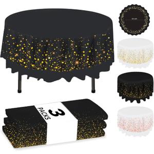 NORZEE 3-Pack Black Disposable Plastic Tablecloths, 84" Plastic Table Cloth, Round Table Cover Black Gold CONFETY (Black Gold)