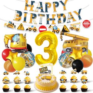 Construction Themed 3rd Birthday Party Supplies Decorations, Includes Banner, Balloons, Cake & Cupcake Toppers for Excavator and Truck 3 Year Old Birthday Party Decorations