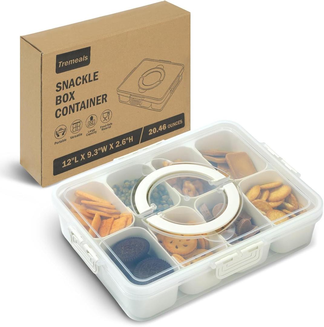Divided Serving Tray for Candy, Condiment, Fruits and Nuts - Dishwasher Safe Snackle Box Container with Lid - Portable Charcuterie Board for Parties, Picnics, Travel and On-the-Go Snacking (8 Cups)