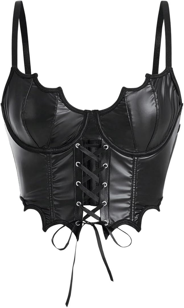 SHENHE Women's Y2k PU Leather Lace Up Spiderweb Lace Gothic Corset Bustier Cami Tank Top D Small