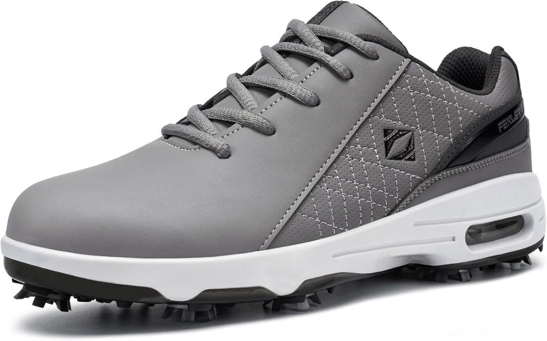 FENLERN Golf Shoes for Men Waterproof Wide Spiked Non Slip Lightweight Golf Sneakers with Leather Upper Air Cushion