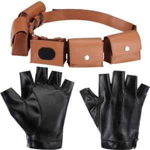 2 Pcs Halloween Cosplay Leather Utility Belt with PU Leather Fingerless Gloves Adjustable Women Mens Adult Accessories Belt for Halloween Cosplay