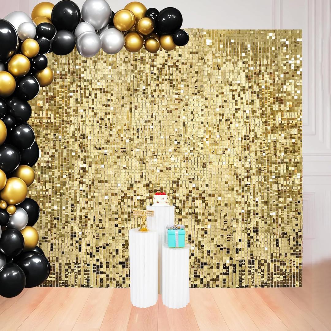 8 x 8 FT Light Gold Shimmer Wall Backdrop for Party Decorations - 64 Pcs Square Sequin Backdrop Panels for Birthday Disco Engagements Graduations Prom Home Decor Party Supplies