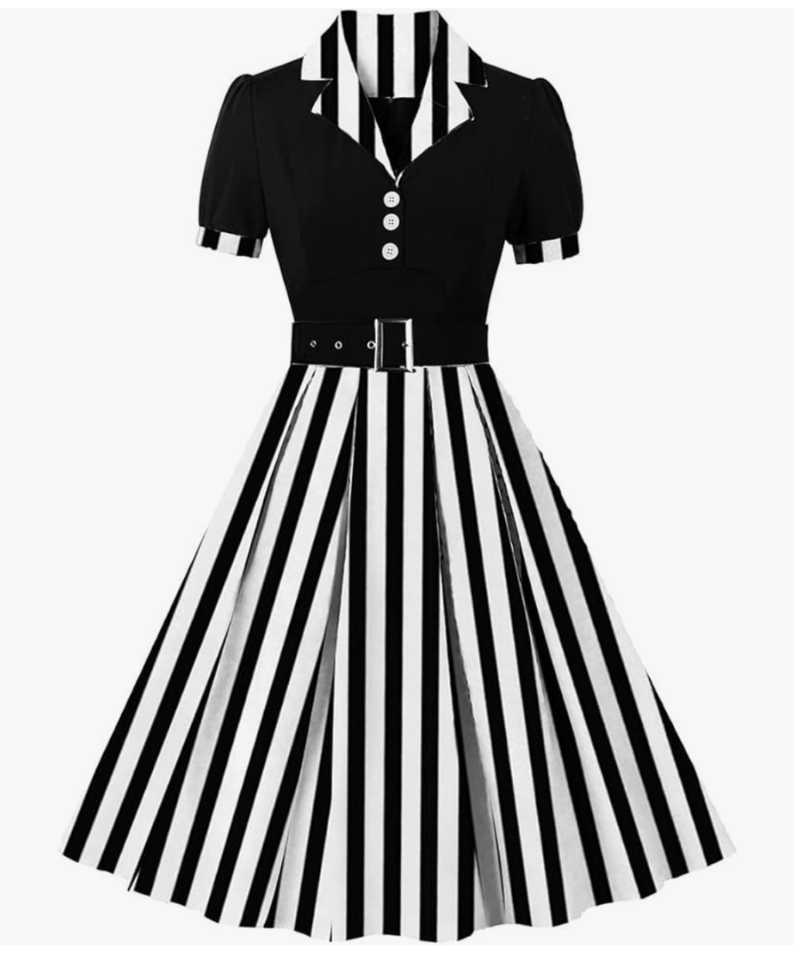 IBTOM CASTLE Women's 1950s Vertical Striped Neck Tie Vintage Button Down Cocktail Fancy Halloween Cosplay Dress L