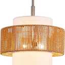 Rattan Drum Chandeliers Light Fixtures,Farmhouse 2 Light Boho Pendant Light Rustic Hand Woven Lighting for Dining Room Kitchen Island Living Room Bedroom,Brushed Nickel Finish Metal 12.5''