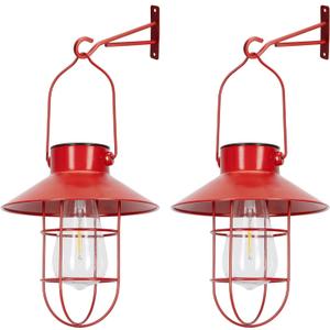Solar Lanterns Outdoor Christmas Metal Solar Powered Hanging Lights Waterproof for Wall Barn Yard Garden Patio Garage Balcony Porch Fence Decor, Warm White Edison Bulb (Red-2pack)