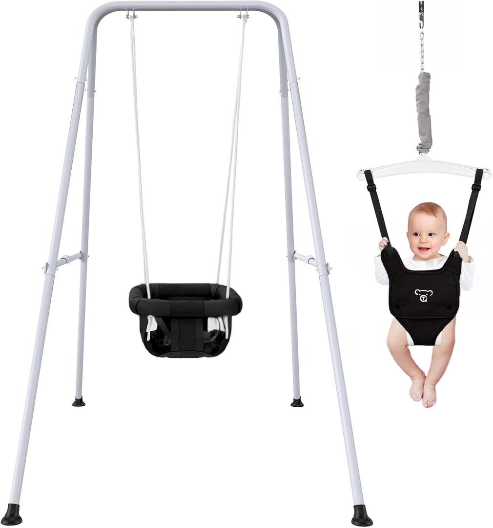 2 in 1 Baby Jumper with Swing - Indoor and Outdoor Use, Baby Jumpers and Bouncers, Toddler Swing with Foldable StandBlack