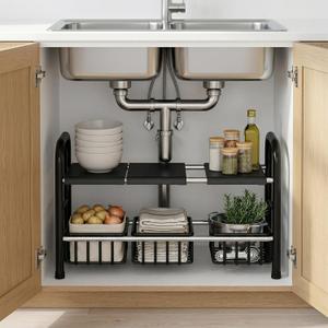 Under Sink Organizers and Storage, 2 Tier 20.9"-34.6" Expandable Length with 3 Removable Baskets and 3 Removable Panels Expandable Shelf for Cupboard, Kitchen, Bathroom, Black