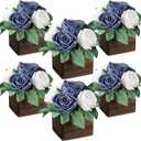 Dining Table Centerpiece Set of 6 - Pre-Made Aritifial Rose with Wooden Vase Fake Floral Arrangment Faux Flower for Wedding Bridal Tea Party Event Decorations - Navy Blue & White
