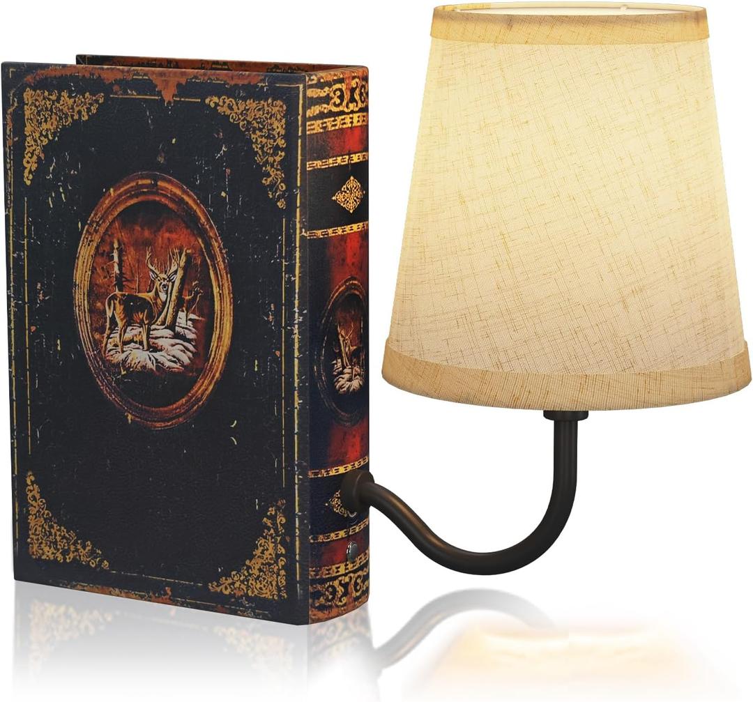 Vintage Bookshelf Lamp Rechargeable, Cordless Book Lamp with Linen Shade, Dimmable Touch Control Table Lamp, Modern Decorative Bookend, Bookshelf Lights for Office Home, Library, Study
