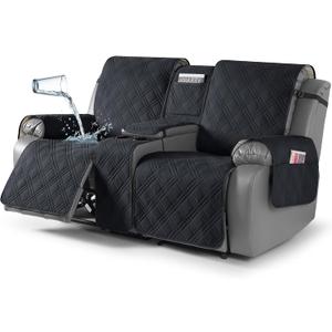 TAOCOCO Waterproof Loveseat Recliner Cover with Console, Non-Slip Reclining Loveseat with Console Cover with Pocket, Split Recliner Sofa Covers Furniture Protector for Pets Dogs(2 Seater, Black)