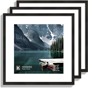 Hongkee 16x16 Square Frame Set of 3 - Display 12x12 Photo with Mat or 16 x 16 Poster without Mat, Wall Mounting Horizontal and Vertical, Black