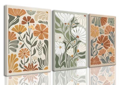 KISSFOX Framed Canvas Wall Art Abstract Floral Botanical Print Set of 3 Green Beige Wildflower Flower Market Paintings Boho Modern Minimalist Pictures Decor Bedroom Bathroom Living Room 12"x16"