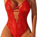 SOLY HUX Women's Floral Lace Criss Cross Lingerie Bodysuit Backless Deep V Neck Sheer Teddy Bodysuits,Small