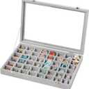 Frebeauty 48 Grid Jewelry Tray,Adjustable Earring Holder Organizer with Glass Lid,Velvet Drawer Jewelry Organizer for Rings,Studs,13.8 x 9.5 x 2 Inches Jewelry Display Box,Gift for Women(Grey)